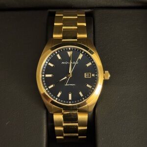 Movado Heritage Datron Watch Men 39mm Blue Dial Gold Tone 3650143 EUC with Box
